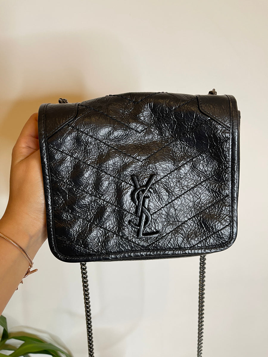 Saint Laurent Black Glossy Crackle Effect Leather Mini Niki Crossbody