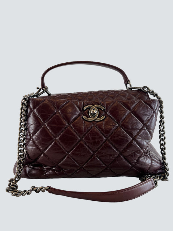 Chanel Burgundy Crinkle Calfskin Leather East West Flap Shoulder Bag