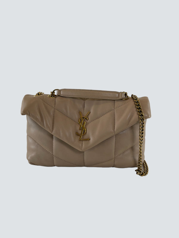 Saint Laurent Taupe Leather Toy Loulou Puffer Crossbody