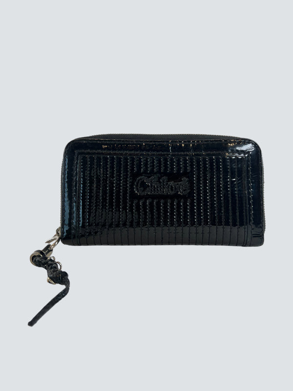 Chloe Black Patent Leather Zip Around Wallet