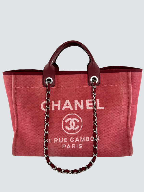 Chanel Red Canvas & Leather Deauville Tote