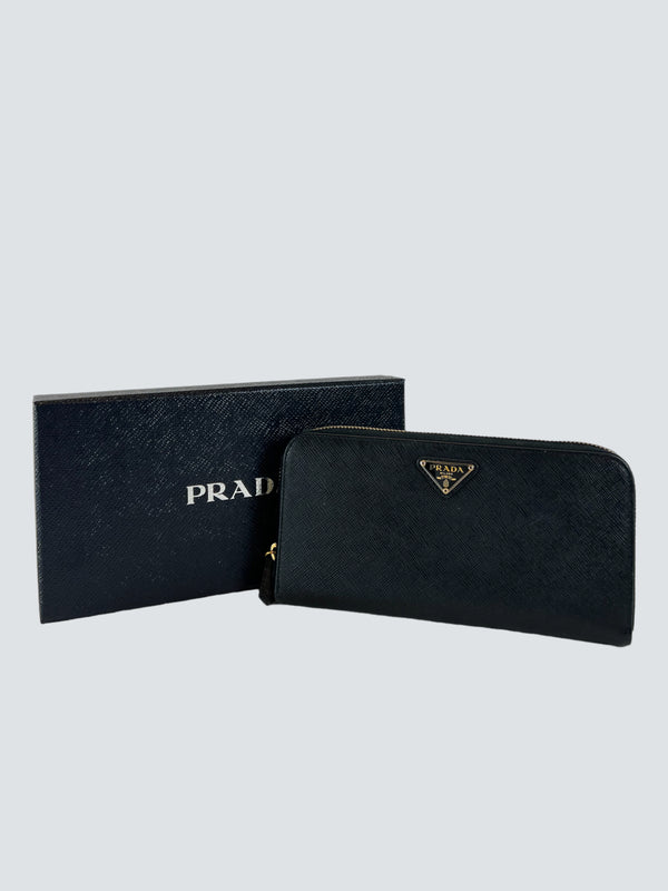 Prada Black Zip Around Large Saffiano Leather Wallet