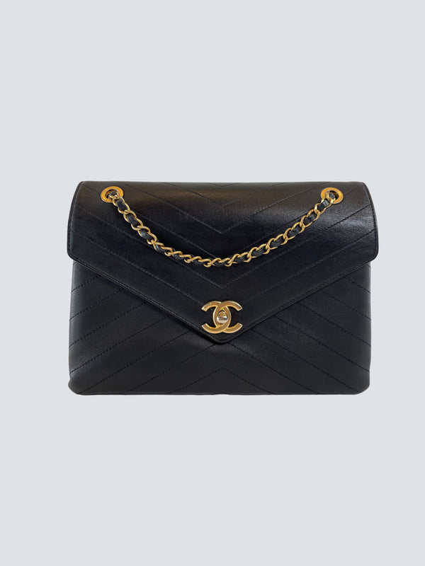Chanel Black Leather Chevron Crossbody Handbag