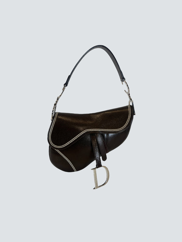 Christian Dior Vintage Chocolate Brown Leather Saddle Shoulder Bag