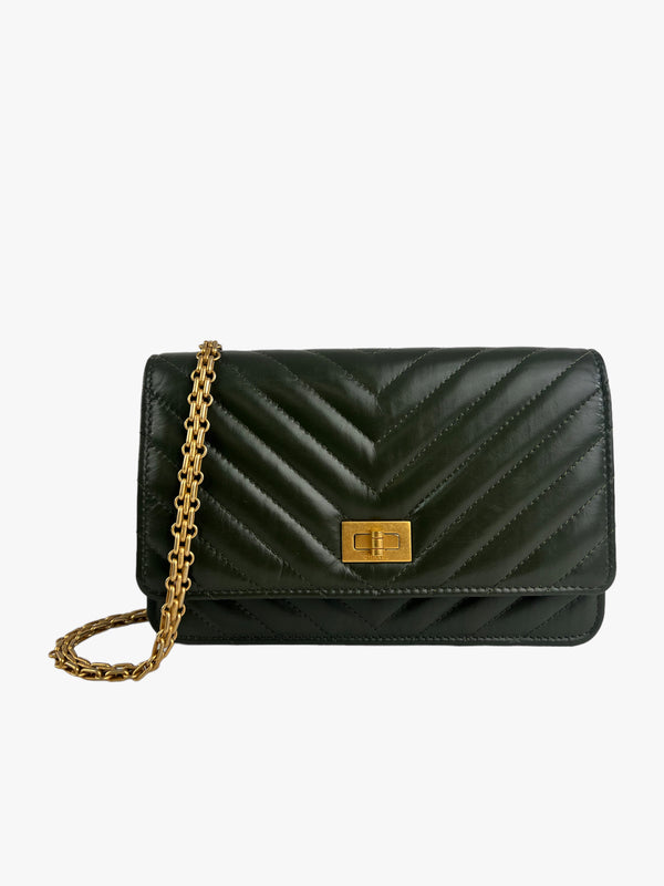 Chanel Olive Chevron Lambskin  Leather Wallet on Chain Crossbody