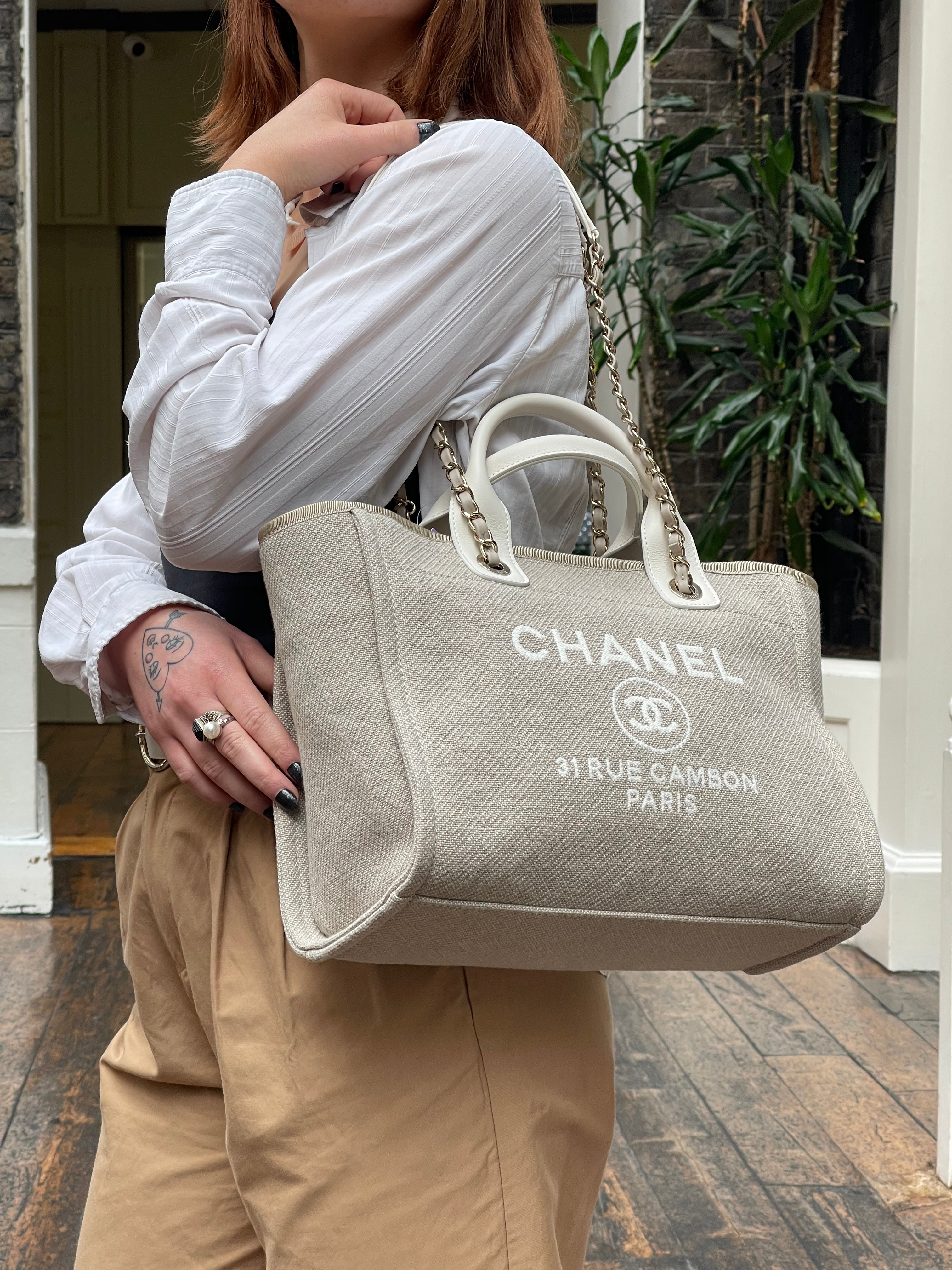 Chanel Grey Canvas White Calfskin Leather Maxi 'Deauville' Tote