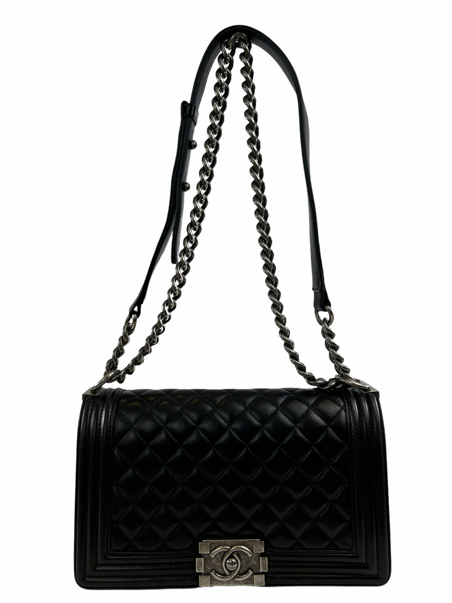 Chanel Medium Black Lambskin Leather `Boy' Bag Siopaella Designer
