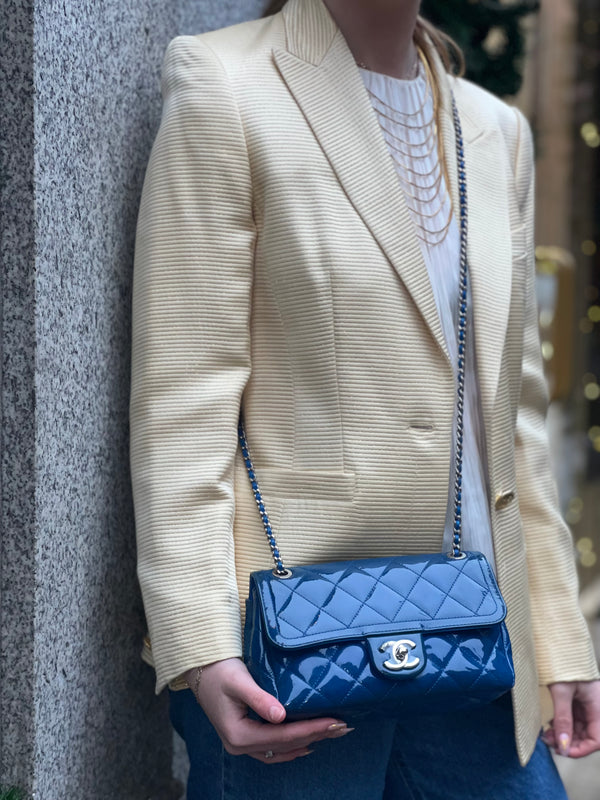 Chanel Blue Matelasse Patent Leather Mini Rectangular Single Flap