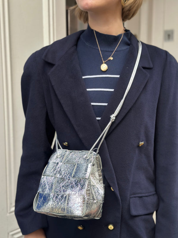 Bottega Veneta Silver Leather Cassette Mini Bucket Bag