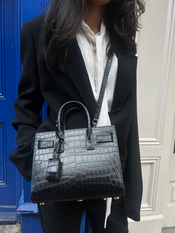 Saint Laurent Small Black Croc Effect Leather Sac du Jour