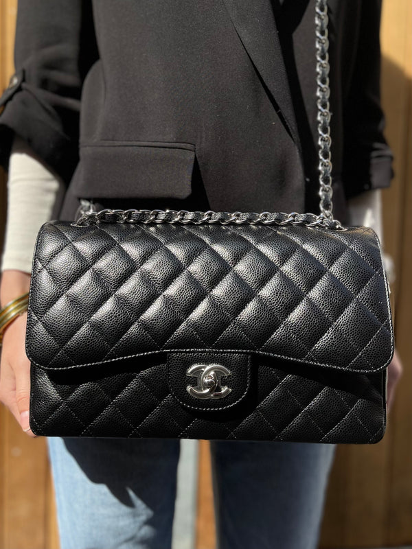 Chanel Black Caviar Leather Jumbo Double Flap