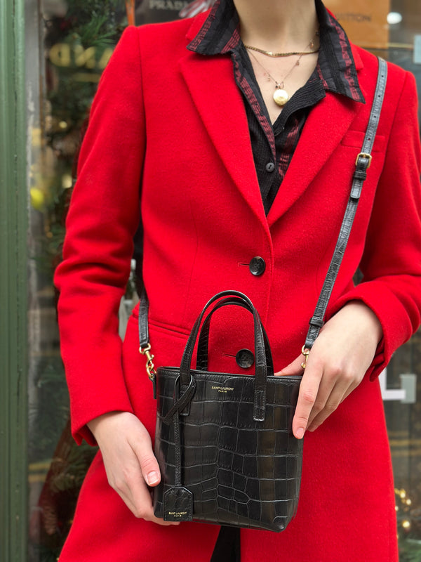 Saint Laurent Black Croc Effect Mini Toy Crossbody Tote