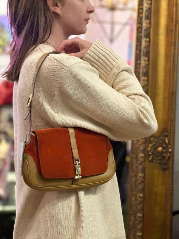 Gucci Orange Suede & Tan Leather Shoulder Bag