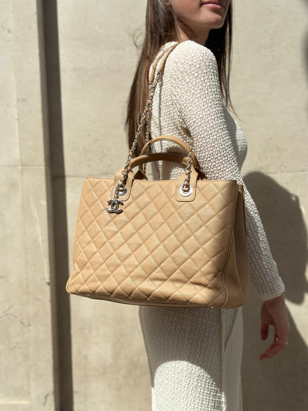 Chanel Beige Caviar Leather Neo Shopping Tote Handbag