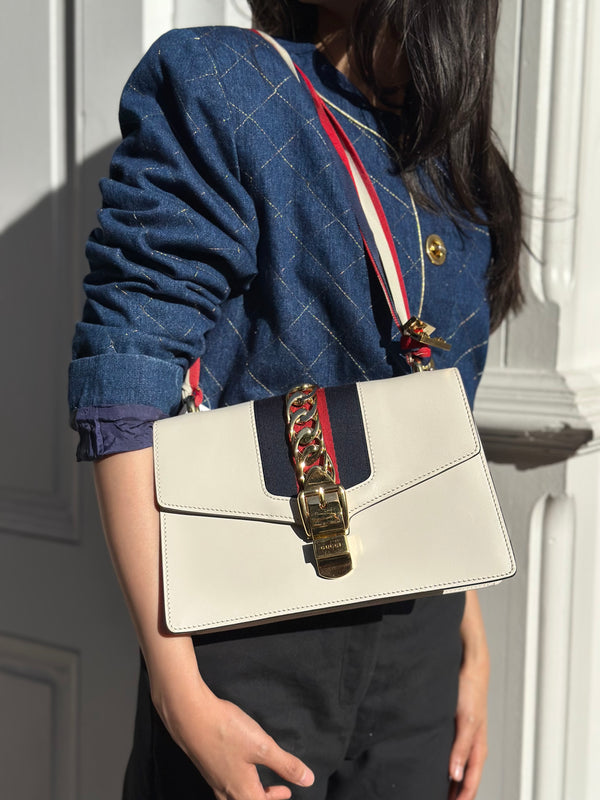 Gucci White Leather Sylvie Shoulder Bag