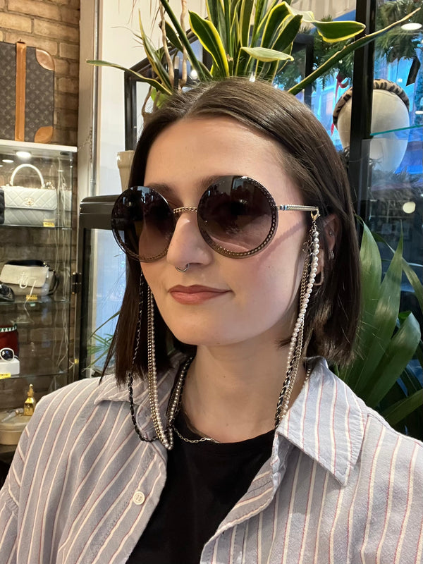Chanel Black Circular Sunglasses with Necklace