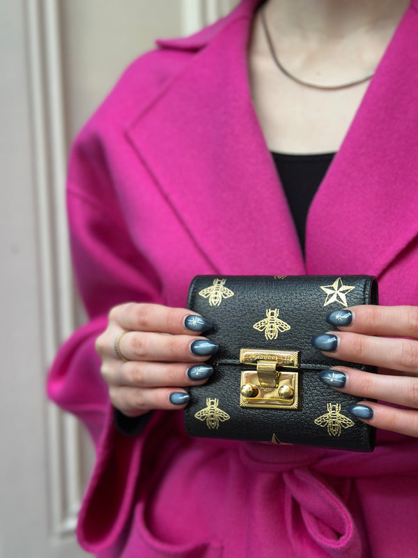 Gucci Black Leather Bee Star Padlock  Wallet