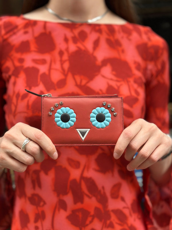 Fendi Red Leather Vitello Century Lucido Hypnoteyes Studded Key Coin Purse