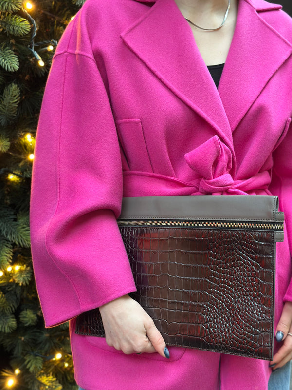 Victoria Beckham Chocolate Brown Croc Embossed Leather Clutch