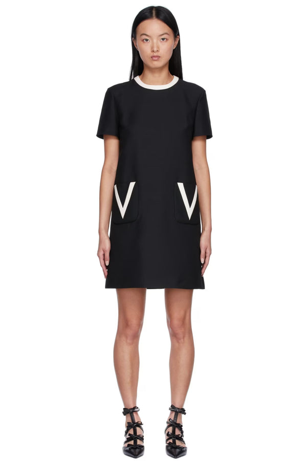 Valentino Black Crepe Logo Dress - UK 10 fitting