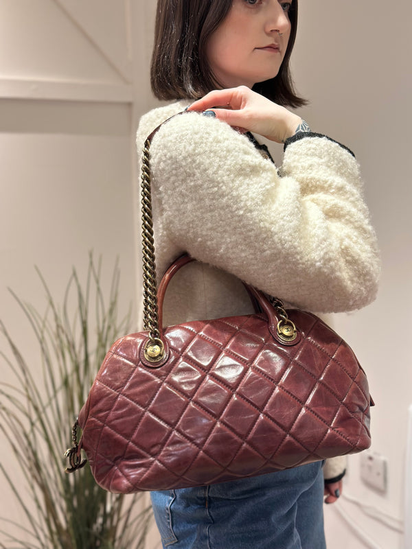 Chanel Burgundy Leather Bowling Handbag