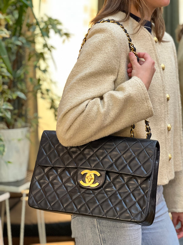 Chanel Vintage Black Lambskin Leather Maxi Single Flap