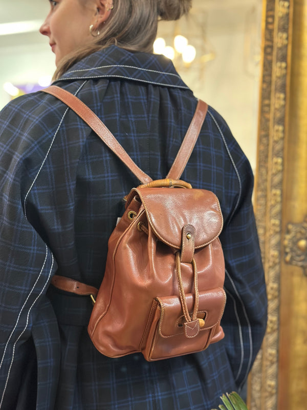 Vintage Gucci Tan Leather Bamboo Backpack