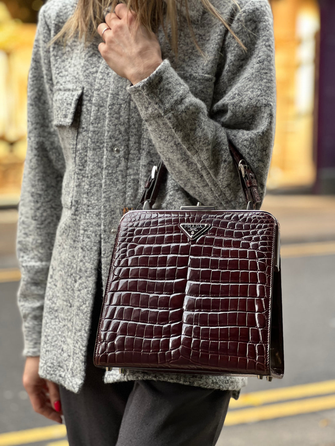 Prada Vintage Brown Croc Effect Leather Frame Handbag – Siopaella ...