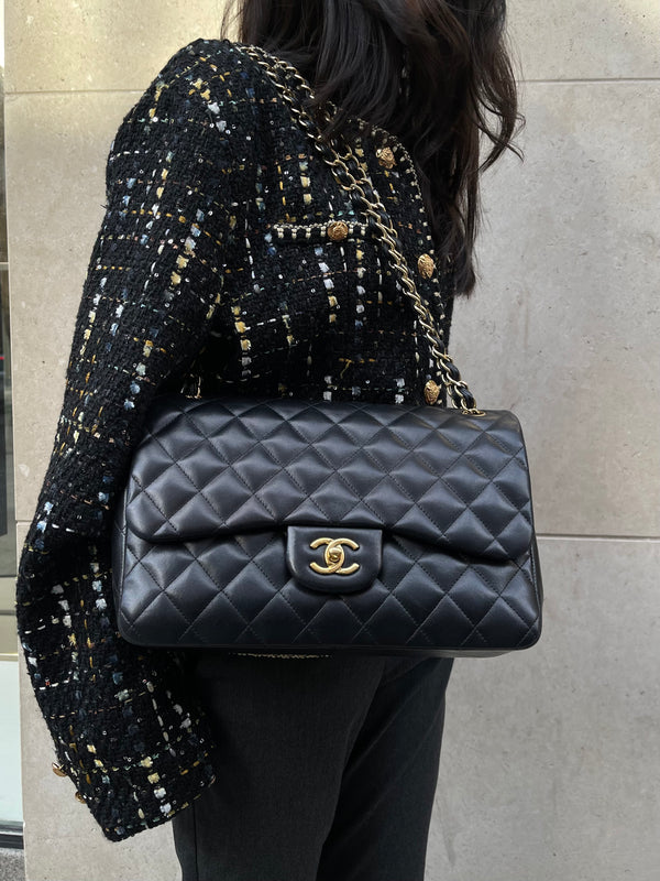 Chanel Black Lambskin Leather Jumbo Double Flap