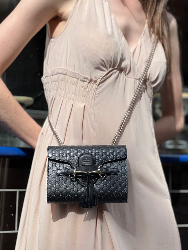 Gucci Small Black Embossed Micro-Guccissima Leather Emily Crossbody