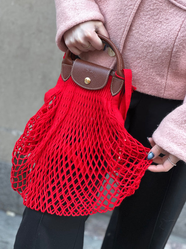 Longchamp Red  Le Pliage Filet Mesh Handbag