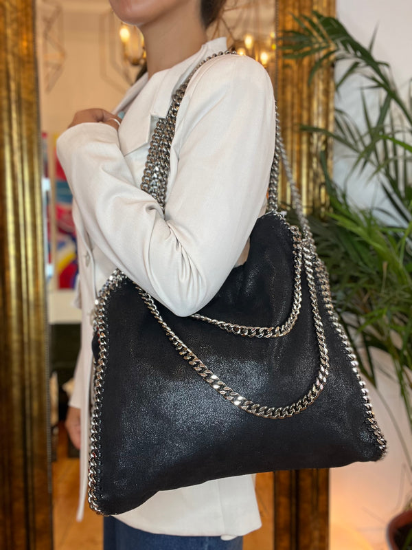 Stella McCartney Black Faux Leather Falabella Shoulder Bag - Newer Style - Triple Chain