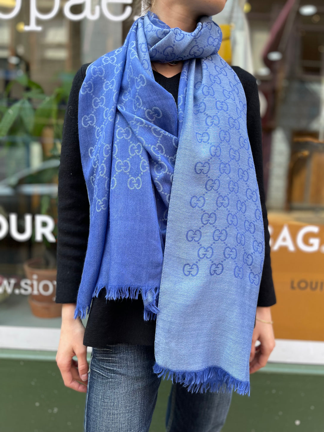 Gucci Blue Monogram Wool Silk Scarf – Siopaella Designer Exchange