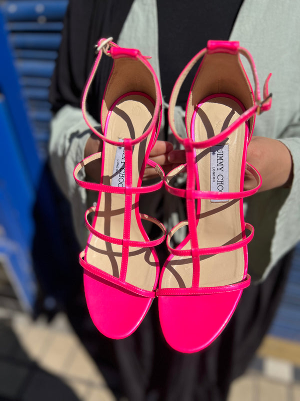 Jimmy Choo Pink Leather Dory Patente Sandals - Size UK 7.5