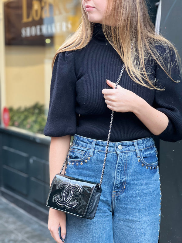 Chanel Black Patent Leather Wallet on Chain with Diamonte CC