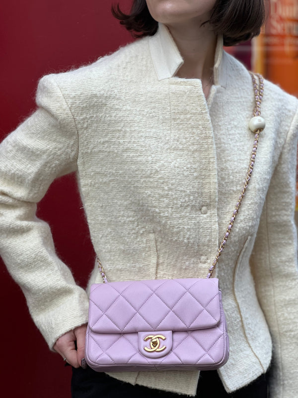 Chanel Pink Lambskin Leather Pearl Crush Mini Rectangular Single Flap with Goldtone Hardware