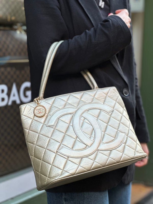 Chanel Gold Quillted Calfskin Leather Medalion Tote