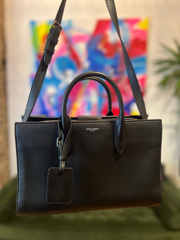 Saint Laurent Smooth Black Calfskin Leather Jane Tote / Shoulder Bag