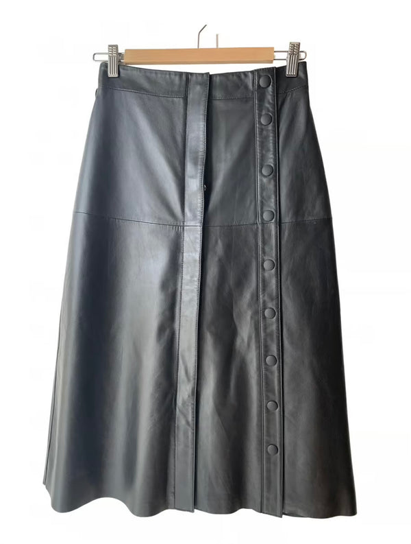 Sportmax Size S/M Black Leather Skirt with Button Detail