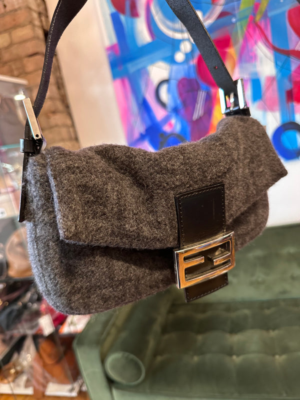 Fendi Grey Monogram Wool & Black Leather Baguette Shoulder Bag