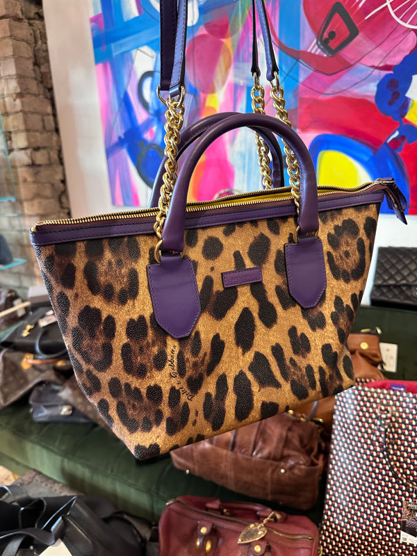 Dolce & Gabbana Leopard Print Handbag with Purple Trim