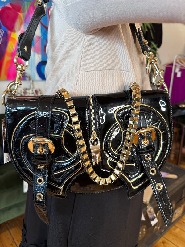 Alexander McQueen Black Twin Belted Patent Leather Shoulder Bag