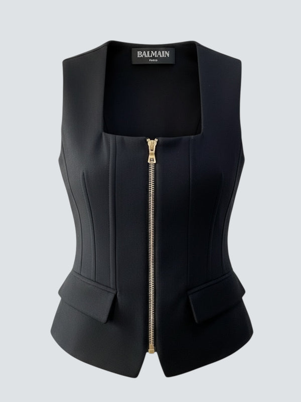 Balmain Black Silk Mix Sleeveless Top - Size UK 10