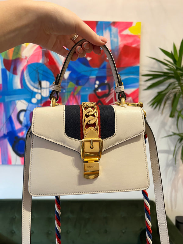 Gucci White Leather Sylvie Top Handle Crossbody