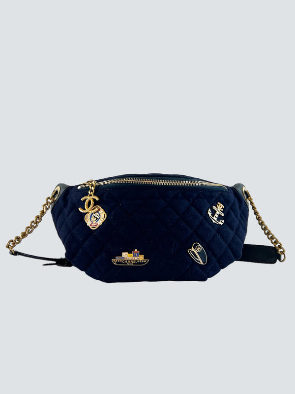 Chanel Navy Paris/Hamburg Charm Waist Wool / Leather Bum Bag