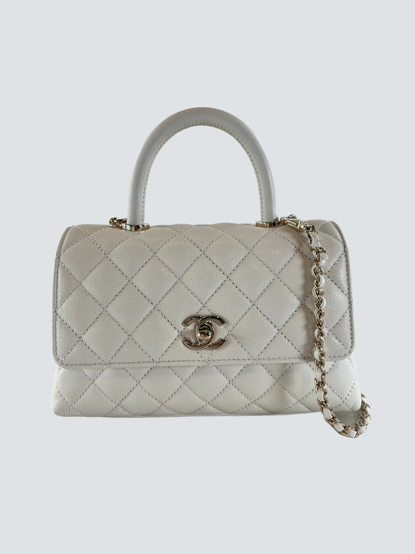 Chanel White Quilted  Caviar Leather Coco Top Handle Shoulder Bag