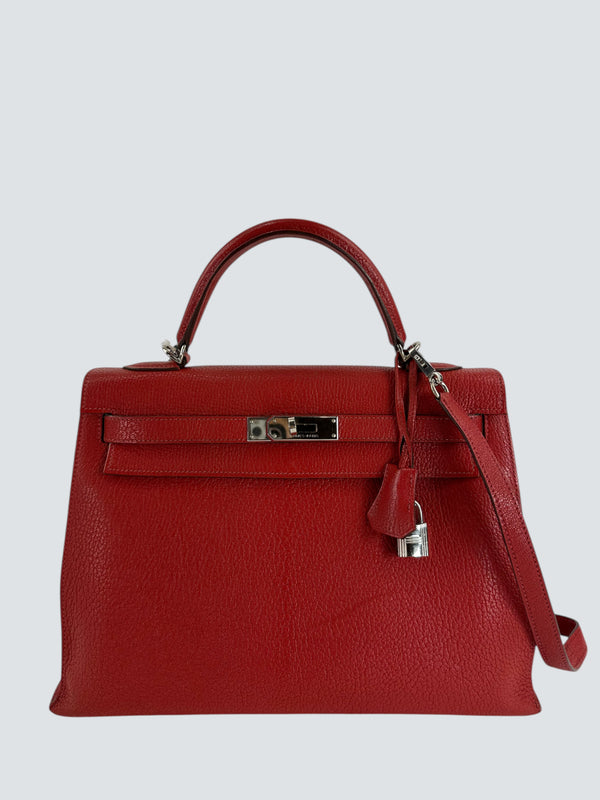 Hermès Red Togo Leather Kelly 32  - initialled “Geraldine”