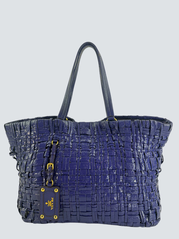 Prada Purple Leather Woven Patent Tote Handbag