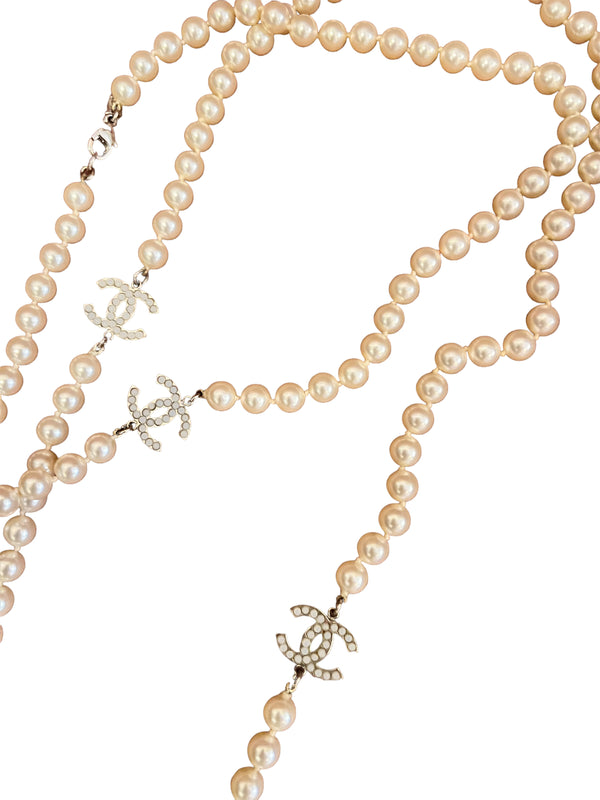 Chanel Faux Pearl CC Triple Strand Necklace