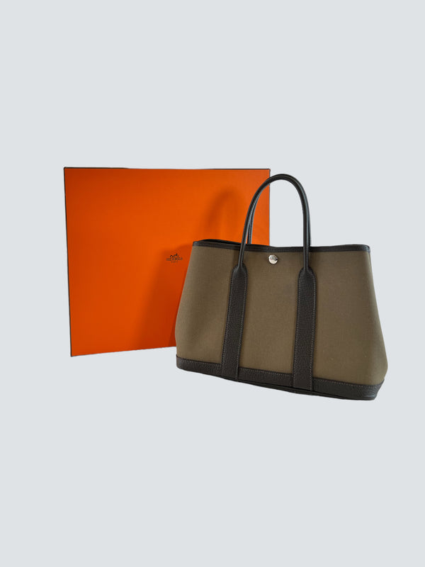 Hermes Brown Canvas and Leather Garden Party Tote